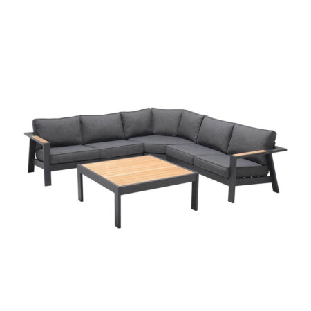 4 Piece Outdoor Sectional Set With Cushions In Dark Grey And Natural Teak Wood Accent
